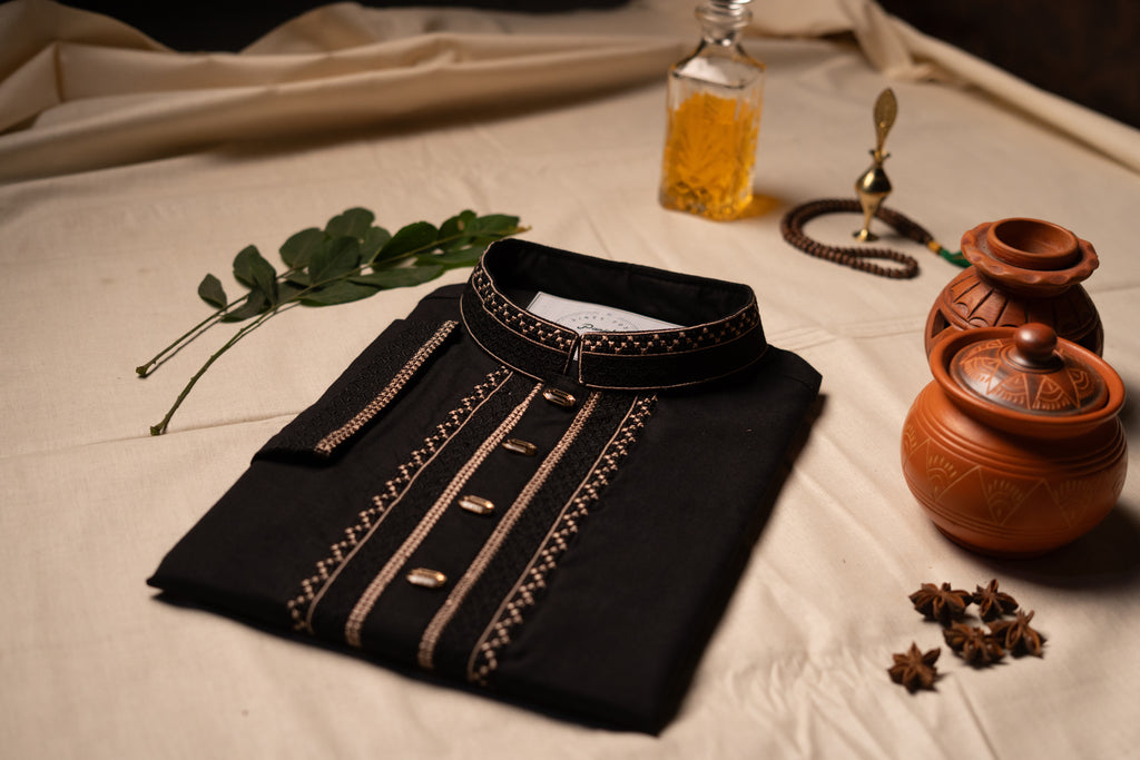 Midnight Onyx Hand-Embroidered Panjabi