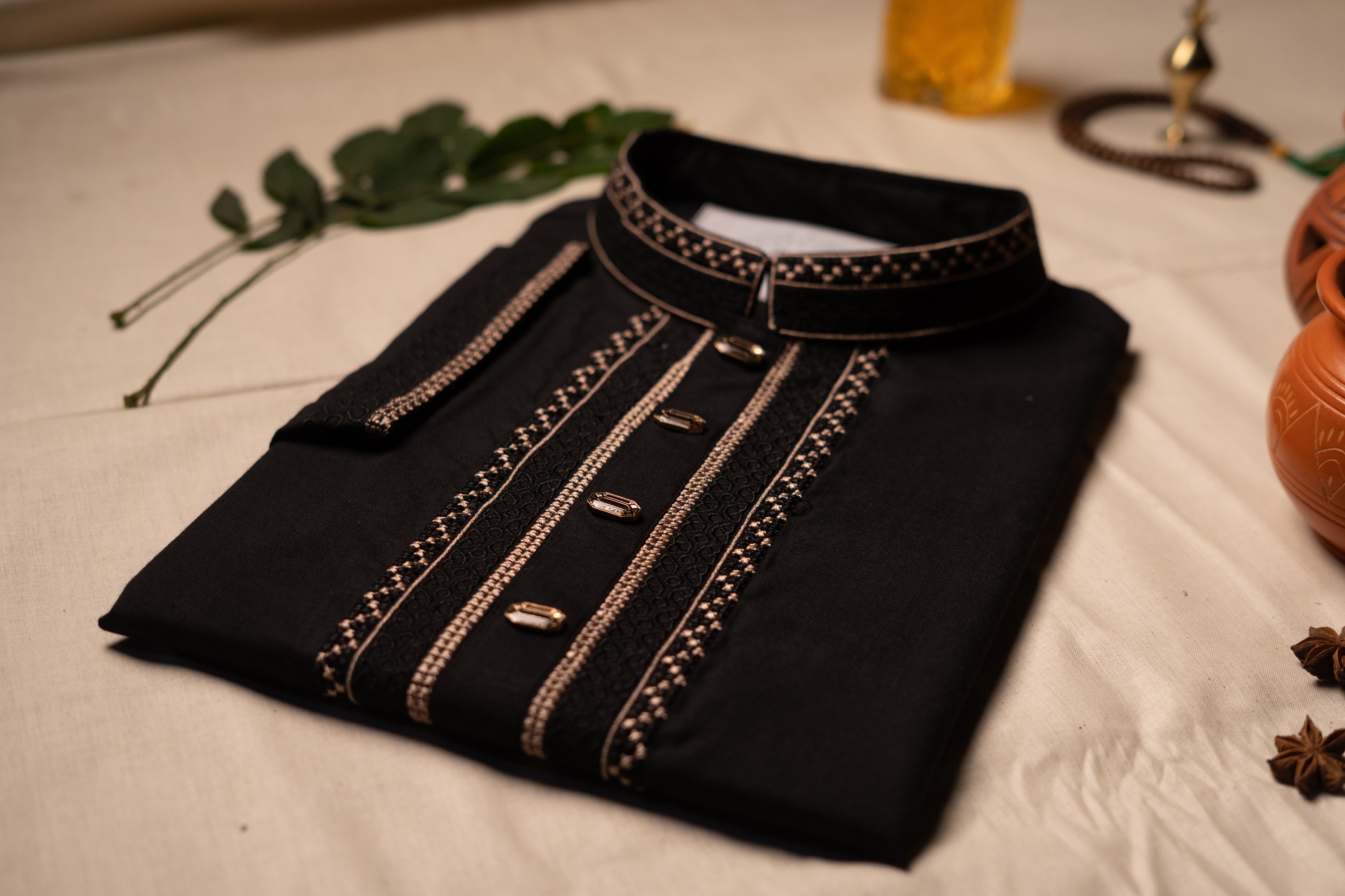 Midnight Onyx Hand-Embroidered Panjabi